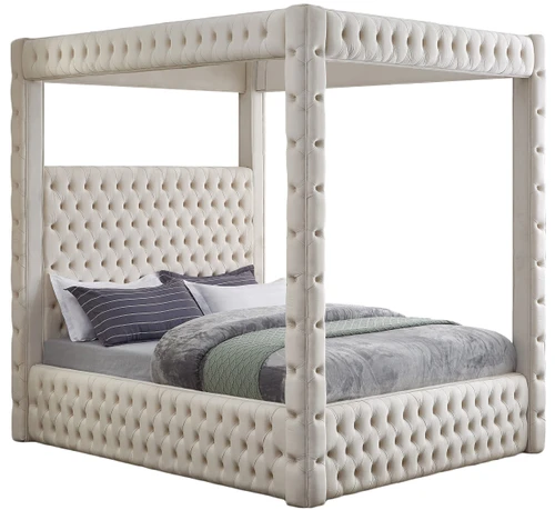 RoyalCream-K Royal Collection Modern | Contemporary Velvet Upholstered King Bed with Soft Cream Velvet, Deep Elegant Tufting, Canopy, 86.5" W x 89" D x 87" H, Cream, King