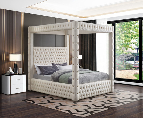 RoyalCream-K Royal Collection Modern | Contemporary Velvet Upholstered King Bed with Soft Cream Velvet, Deep Elegant Tufting, Canopy, 86.5" W x 89" D x 87" H, Cream, King