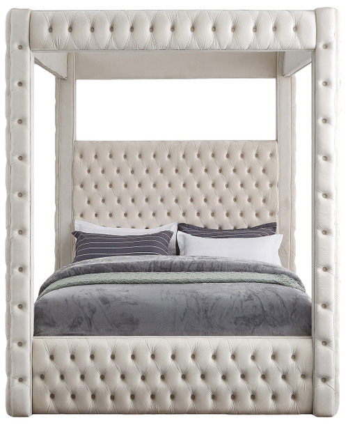 RoyalCream-K Royal Collection Modern | Contemporary Velvet Upholstered King Bed with Soft Cream Velvet, Deep Elegant Tufting, Canopy, 86.5" W x 89" D x 87" H, Cream, King