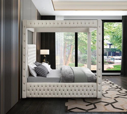RoyalCream-K Royal Collection Modern | Contemporary Velvet Upholstered King Bed with Soft Cream Velvet, Deep Elegant Tufting, Canopy, 86.5" W x 89" D x 87" H, Cream, King