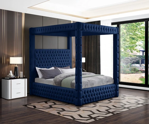RoyalNavy-K Royal Collection Modern | Contemporary Velvet Upholstered King Bed with Soft Navy Velvet, Deep Elegant Tufting, Canopy, 86.5" W x 89" D x 87" H, Navy, King