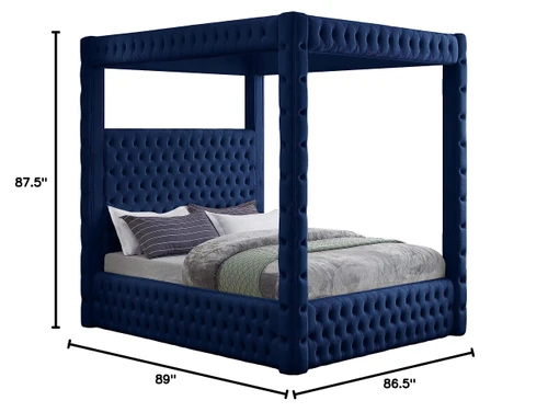 RoyalNavy-K Royal Collection Modern | Contemporary Velvet Upholstered King Bed with Soft Navy Velvet, Deep Elegant Tufting, Canopy, 86.5" W x 89" D x 87" H, Navy, King