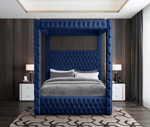RoyalNavy-K Royal Collection Modern | Contemporary Velvet Upholstered King Bed with Soft Navy Velvet, Deep Elegant Tufting, Canopy, 86.5" W x 89" D x 87" H, Navy, King