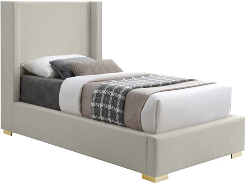 RoyceBeige-T Royce Collection Mid-Century Modern Linen Textured Fabric Upholstered Bed with Wing Back Headboard, 46" W x 84.5" D x 54.5" H, Beige, Twin