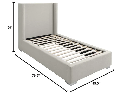 RoyceBeige-T Royce Collection Mid-Century Modern Linen Textured Fabric Upholstered Bed with Wing Back Headboard, 46" W x 84.5" D x 54.5" H, Beige, Twin