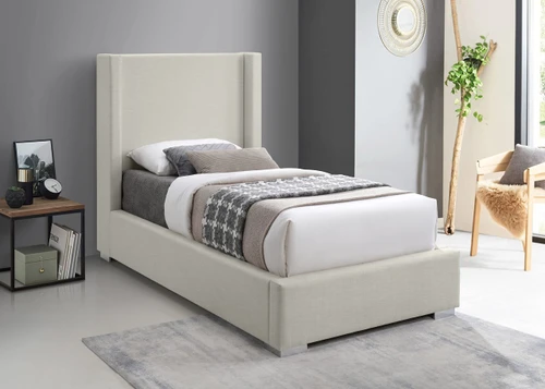 RoyceBeige-T Royce Collection Mid-Century Modern Linen Textured Fabric Upholstered Bed with Wing Back Headboard, 46" W x 84.5" D x 54.5" H, Beige, Twin
