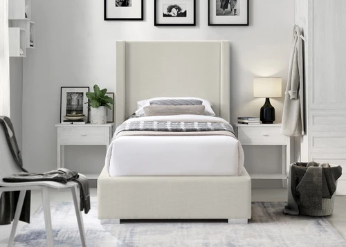 RoyceBeige-T Royce Collection Mid-Century Modern Linen Textured Fabric Upholstered Bed with Wing Back Headboard, 46" W x 84.5" D x 54.5" H, Beige, Twin