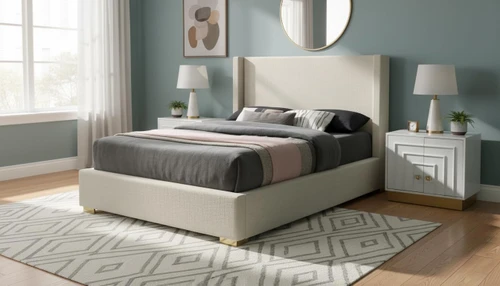 RoyceBeige-F Royce Collection Mid-Century Modern Linen Textured Fabric Upholstered Bed with Wing Back Headboard, 62" W x 84.5" D x 54.5" H, Beige, Full