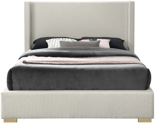 RoyceBeige-F Royce Collection Mid-Century Modern Linen Textured Fabric Upholstered Bed with Wing Back Headboard, 62" W x 84.5" D x 54.5" H, Beige, Full