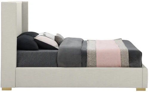 RoyceBeige-F Royce Collection Mid-Century Modern Linen Textured Fabric Upholstered Bed with Wing Back Headboard, 62" W x 84.5" D x 54.5" H, Beige, Full