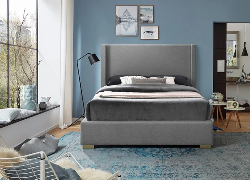 RoyceGrey-F Royce Collection Mid-Century Modern Linen Textured Fabric Upholstered Bed with Wing Back Headboard, 62" W x 84.5" D x 54.5" H, Grey, Full