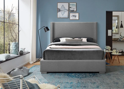 RoyceGrey-F Royce Collection Mid-Century Modern Linen Textured Fabric Upholstered Bed with Wing Back Headboard, 62" W x 84.5" D x 54.5" H, Grey, Full