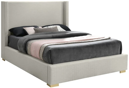 RoyceBeige-Q Royce Collection Mid-Century Modern Linen Textured Fabric Upholstered Bed with Wing Back Headboard, 68" W x 90" D x 54.5" H, Beige, Queen
