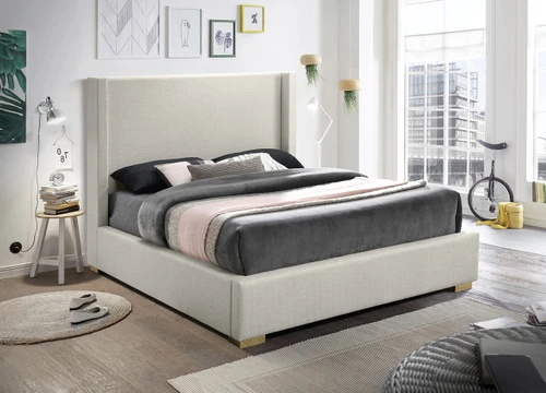 RoyceBeige-K Royce Collection Mid-Century Modern Linen Textured Fabric Upholstered Bed with Wing Back Headboard, 83.5" W x 90" D x 54.5" H, Beige, King