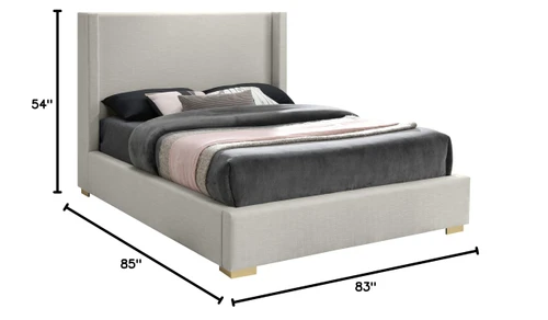 RoyceBeige-K Royce Collection Mid-Century Modern Linen Textured Fabric Upholstered Bed with Wing Back Headboard, 83.5" W x 90" D x 54.5" H, Beige, King
