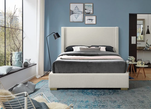 RoyceBeige-K Royce Collection Mid-Century Modern Linen Textured Fabric Upholstered Bed with Wing Back Headboard, 83.5" W x 90" D x 54.5" H, Beige, King
