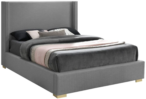 RoyceGrey-K Royce Collection Mid-Century Modern Linen Textured Fabric Upholstered Bed with Wing Back Headboard, 83.5" W x 90" D x 54.5" H, Grey, King