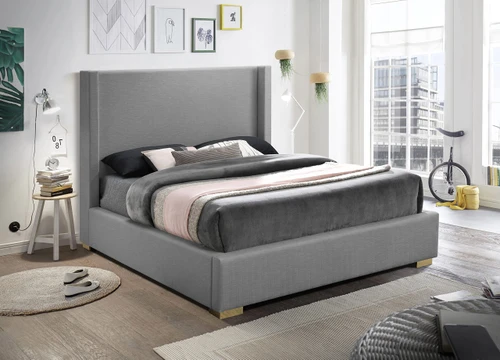 RoyceGrey-K Royce Collection Mid-Century Modern Linen Textured Fabric Upholstered Bed with Wing Back Headboard, 83.5" W x 90" D x 54.5" H, Grey, King