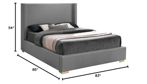 RoyceGrey-K Royce Collection Mid-Century Modern Linen Textured Fabric Upholstered Bed with Wing Back Headboard, 83.5" W x 90" D x 54.5" H, Grey, King