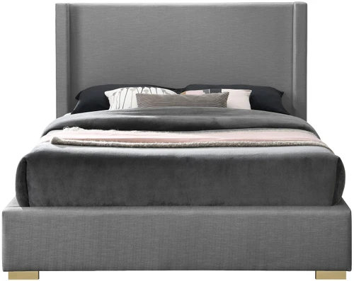 RoyceGrey-K Royce Collection Mid-Century Modern Linen Textured Fabric Upholstered Bed with Wing Back Headboard, 83.5" W x 90" D x 54.5" H, Grey, King