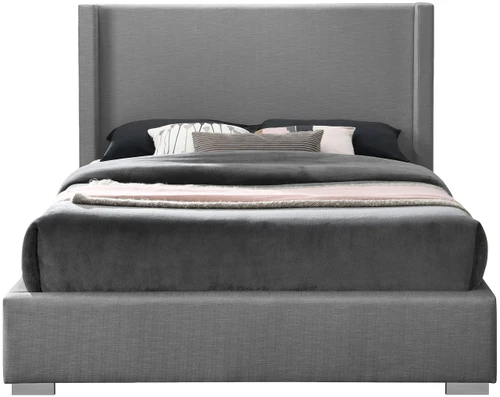 RoyceGrey-K Royce Collection Mid-Century Modern Linen Textured Fabric Upholstered Bed with Wing Back Headboard, 83.5" W x 90" D x 54.5" H, Grey, King