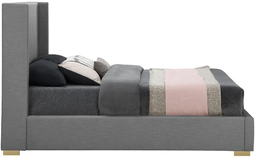 RoyceGrey-K Royce Collection Mid-Century Modern Linen Textured Fabric Upholstered Bed with Wing Back Headboard, 83.5" W x 90" D x 54.5" H, Grey, King