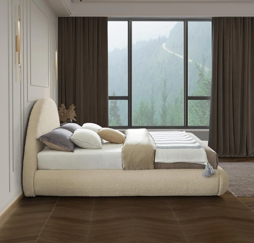 RudyBeige-F Rudy Collection Modern | Contemporary Teddy Fabric Full Bed with Soft Plush Beige Teddy Fabric and Rounded Headboard, 69" W x 86" D x 45" H, Beige, Full
