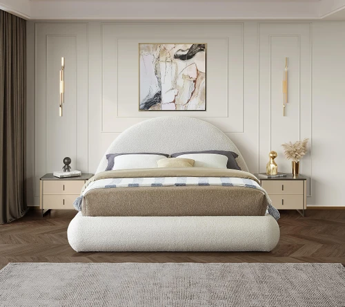 RudyCream-F Rudy Collection Modern | Contemporary Teddy Fabric Full Bed with Soft Plush Cream Teddy Fabric and Rounded Headboard, 69" W x 86" D x 45" H, Cream, Full
