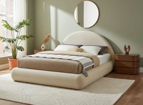 RudyBeige-Q Rudy Collection Modern | Contemporary Teddy Fabric Queen Bed with Soft Plush Beige Teddy Fabric and Rounded Headboard, 75" W x 91" D x 46.5" H, Beige, Queen