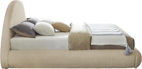 RudyBeige-Q Rudy Collection Modern | Contemporary Teddy Fabric Queen Bed with Soft Plush Beige Teddy Fabric and Rounded Headboard, 75" W x 91" D x 46.5" H, Beige, Queen