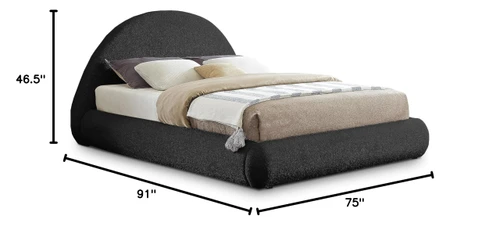 RudyBlack-Q Rudy Collection Modern | Contemporary Teddy Fabric Queen Bed with Soft Plush Black Teddy Fabric and Rounded Headboard, 75" W x 91" D x 46.5" H, Black, Queen