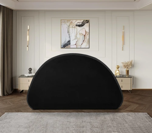 RudyBlack-Q Rudy Collection Modern | Contemporary Teddy Fabric Queen Bed with Soft Plush Black Teddy Fabric and Rounded Headboard, 75" W x 91" D x 46.5" H, Black, Queen
