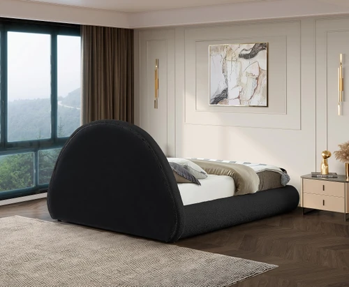 RudyBlack-Q Rudy Collection Modern | Contemporary Teddy Fabric Queen Bed with Soft Plush Black Teddy Fabric and Rounded Headboard, 75" W x 91" D x 46.5" H, Black, Queen