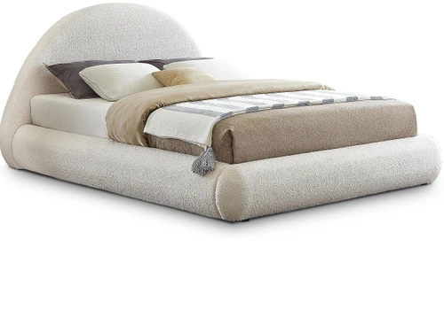 RudyCream-Q Rudy Collection Modern | Contemporary Teddy Fabric Queen Bed with Soft Plush Cream Teddy Fabric and Rounded Headboard, 75" W x 91" D x 46.5" H, Cream, Queen