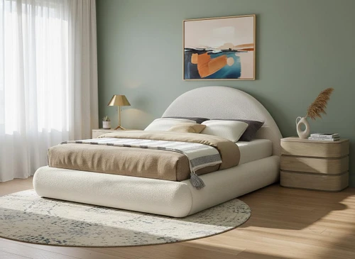 RudyCream-Q Rudy Collection Modern | Contemporary Teddy Fabric Queen Bed with Soft Plush Cream Teddy Fabric and Rounded Headboard, 75" W x 91" D x 46.5" H, Cream, Queen