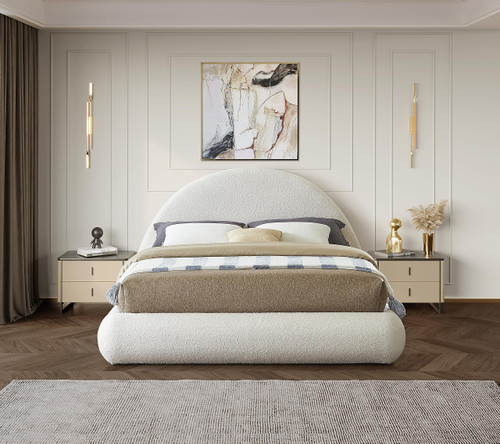 RudyCream-Q Rudy Collection Modern | Contemporary Teddy Fabric Queen Bed with Soft Plush Cream Teddy Fabric and Rounded Headboard, 75" W x 91" D x 46.5" H, Cream, Queen