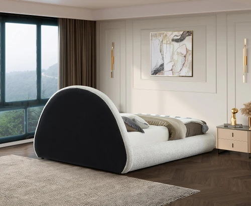 RudyCream-Q Rudy Collection Modern | Contemporary Teddy Fabric Queen Bed with Soft Plush Cream Teddy Fabric and Rounded Headboard, 75" W x 91" D x 46.5" H, Cream, Queen