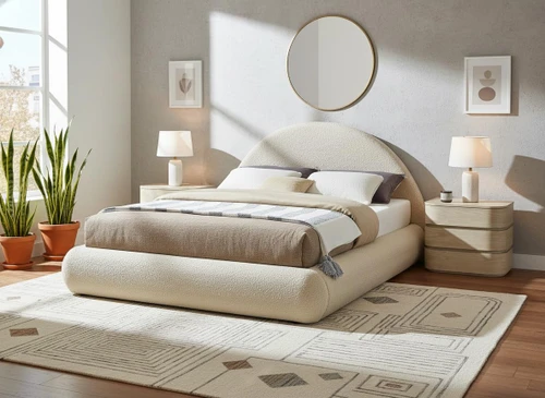 RudyBeige-K Rudy Collection Modern | Contemporary Teddy Fabric King Bed with Soft Plush Beige Teddy Fabric and Rounded Headboard, 91" W x 91" D x 49" H, Beige, King