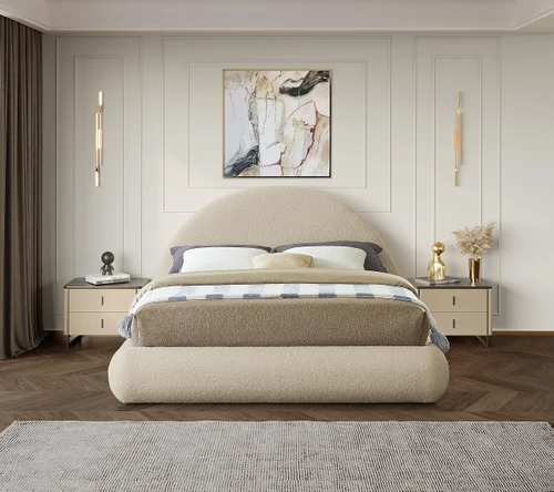 RudyBeige-K Rudy Collection Modern | Contemporary Teddy Fabric King Bed with Soft Plush Beige Teddy Fabric and Rounded Headboard, 91" W x 91" D x 49" H, Beige, King