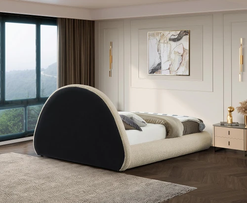 RudyBeige-K Rudy Collection Modern | Contemporary Teddy Fabric King Bed with Soft Plush Beige Teddy Fabric and Rounded Headboard, 91" W x 91" D x 49" H, Beige, King