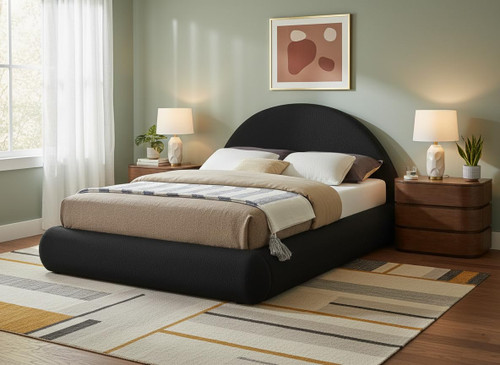 RudyBlack-K Rudy Collection Modern | Contemporary Teddy Fabric King Bed with Soft Plush Black Teddy Fabric and Rounded Headboard, 91" W x 91" D x 49" H, Black, King