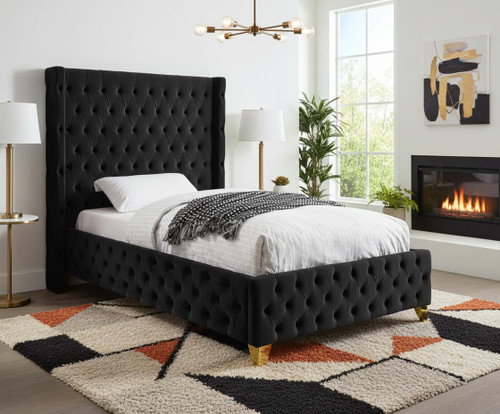 SavanBlack-T Savan Collection Modern | Contemporary Velvet Upholstered Bed with Deep Button Tufting in Gold or Chrome Finish, 50" W x 81" D x 56" H, Black, Twin