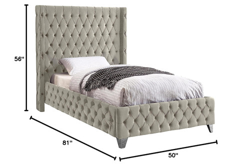 SavanCream-T Savan Collection Modern | Contemporary Velvet Upholstered Bed with Deep Button Tufting in Gold or Chrome Finish, 50" W x 81" D x 56" H, Cream, Twin