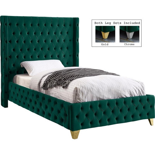 SavanGreen-T Savan Collection Modern | Contemporary Velvet Upholstered Bed with Deep Button Tufting in Gold or Chrome Finish, 50" W x 81" D x 56" H, Green, Twin