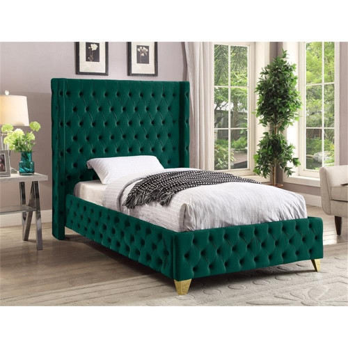 SavanGreen-T Savan Collection Modern | Contemporary Velvet Upholstered Bed with Deep Button Tufting in Gold or Chrome Finish, 50" W x 81" D x 56" H, Green, Twin