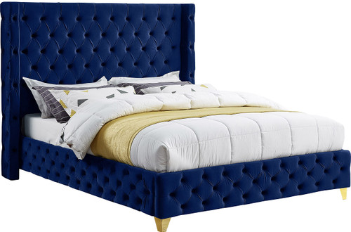 SavanNavy-Q Savan Collection Modern | Contemporary Velvet Upholstered Bed with Deep Button Tufting in Gold or Chrome Finish, 72" W x 86" D x 56" H, Navy, Queen