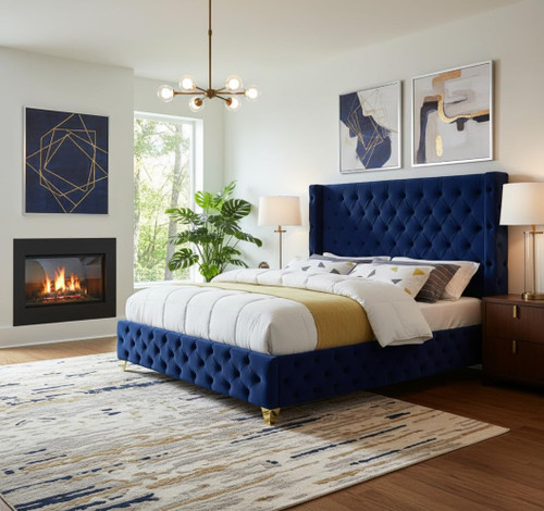 SavanNavy-Q Savan Collection Modern | Contemporary Velvet Upholstered Bed with Deep Button Tufting in Gold or Chrome Finish, 72" W x 86" D x 56" H, Navy, Queen