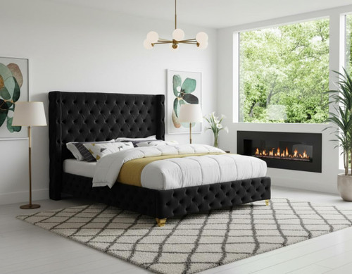 SavanBlack-K Savan Collection Modern | Contemporary Velvet Upholstered Bed with Deep Button Tufting in Gold or Chrome Finish, 88" W x 86" D x 56" H, Black, King