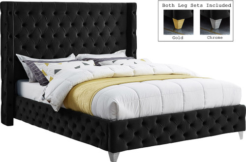 SavanBlack-K Savan Collection Modern | Contemporary Velvet Upholstered Bed with Deep Button Tufting in Gold or Chrome Finish, 88" W x 86" D x 56" H, Black, King