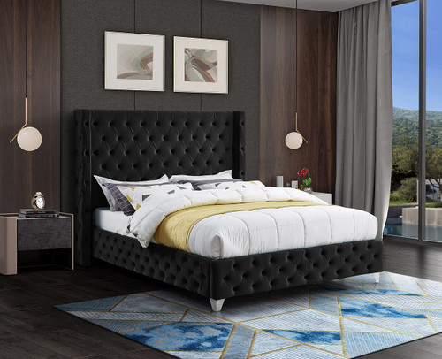 SavanBlack-K Savan Collection Modern | Contemporary Velvet Upholstered Bed with Deep Button Tufting in Gold or Chrome Finish, 88" W x 86" D x 56" H, Black, King